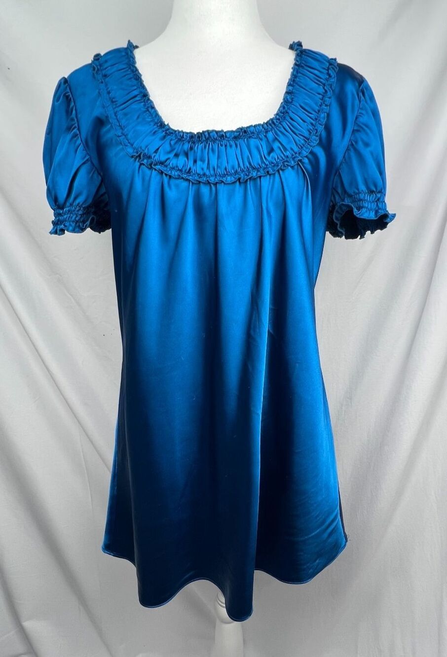 VTG SPENSE Blue Satin Mini Tunic Dress M Puff Sleeve Ruffle Babydoll Y2K READ